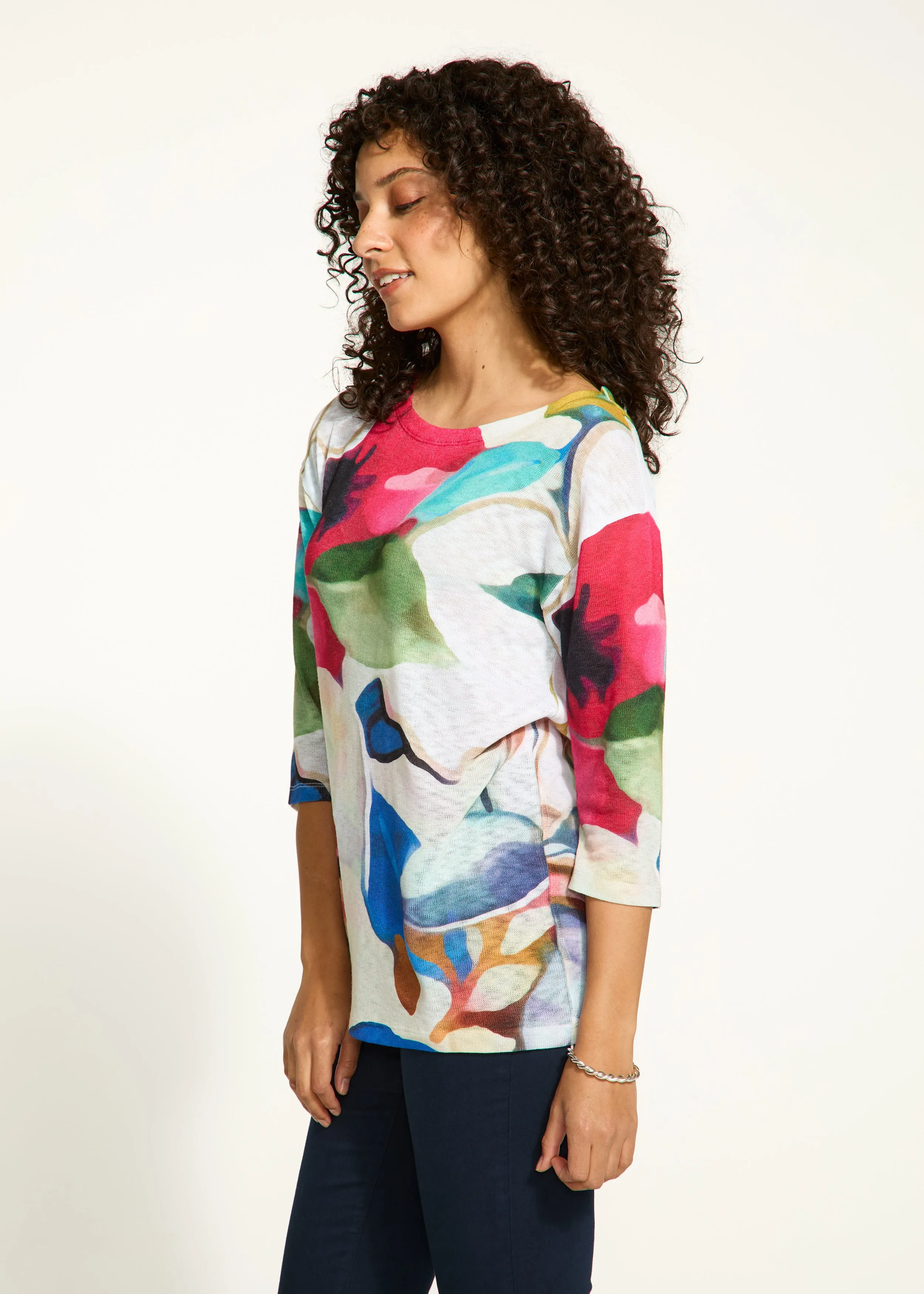 3/4 Sleeve Drop Shoulder Boat-Neck Top, Macro