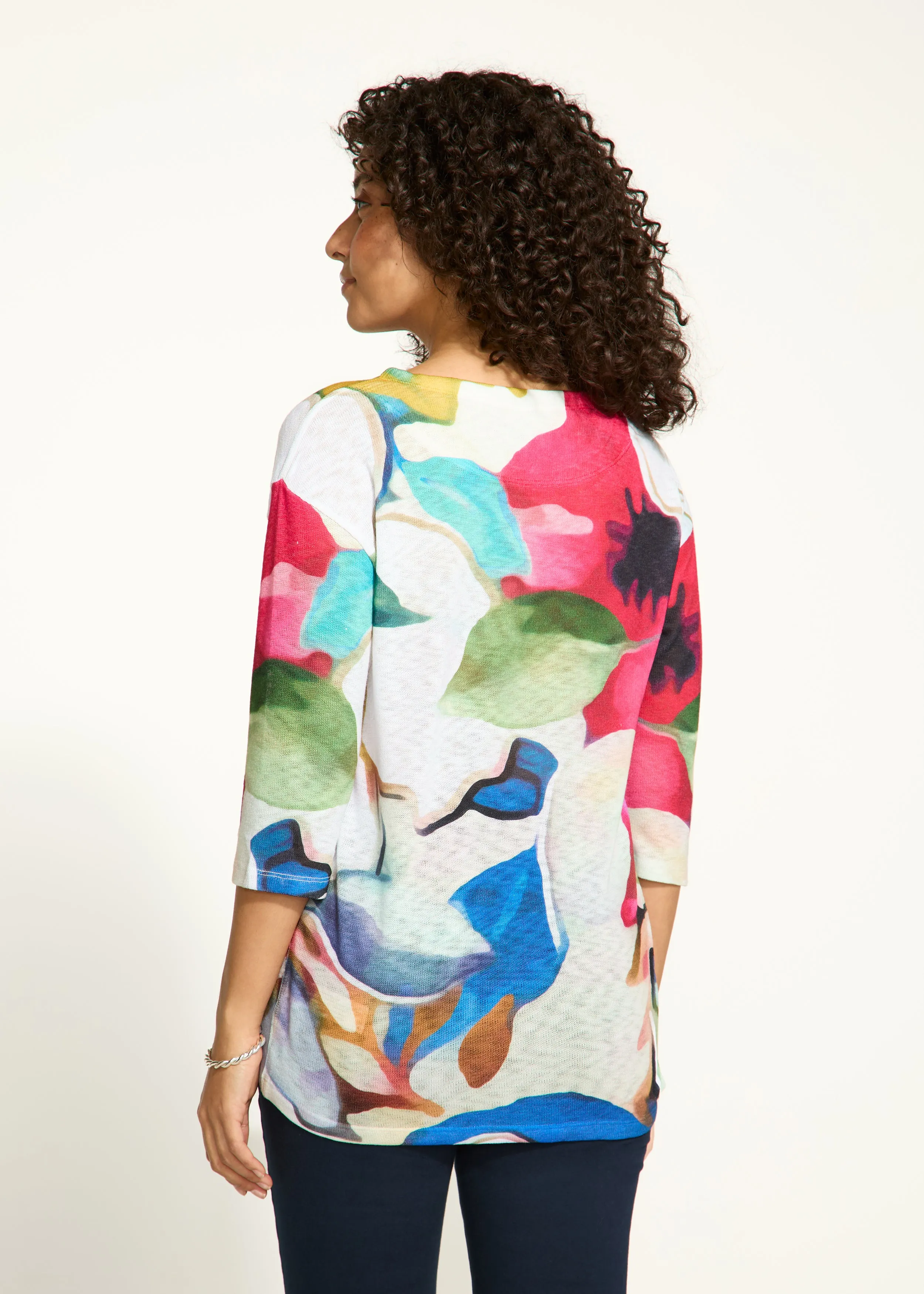 3/4 Sleeve Drop Shoulder Boat-Neck Top, Macro