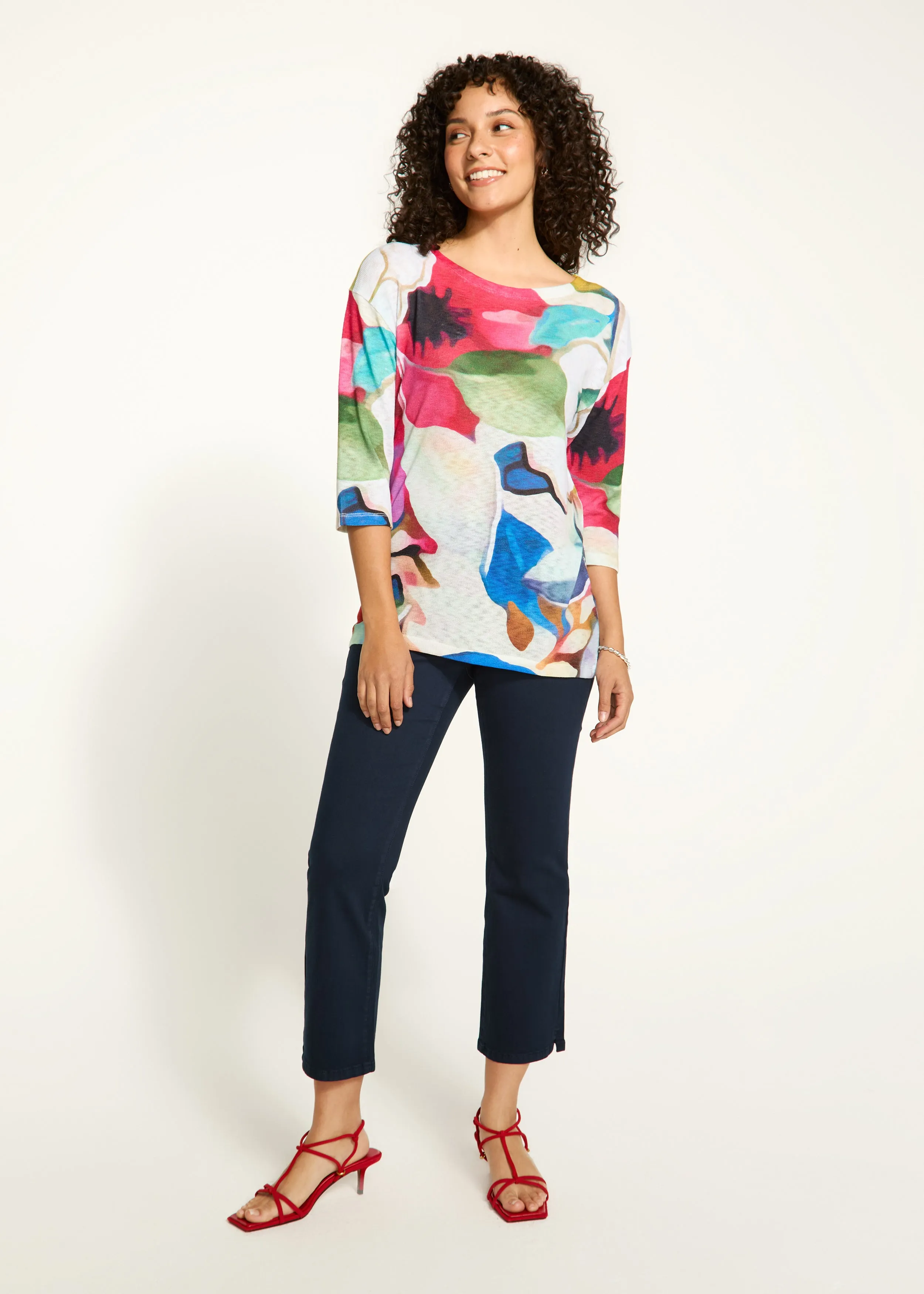 3/4 Sleeve Drop Shoulder Boat-Neck Top, Macro