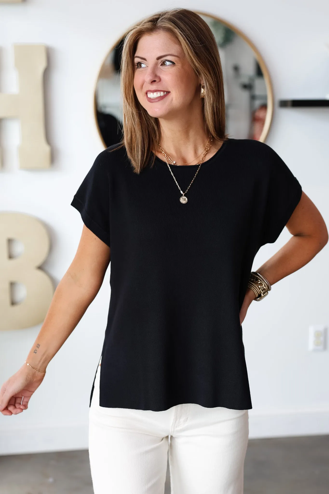 Boat Neck Knit Top - Black