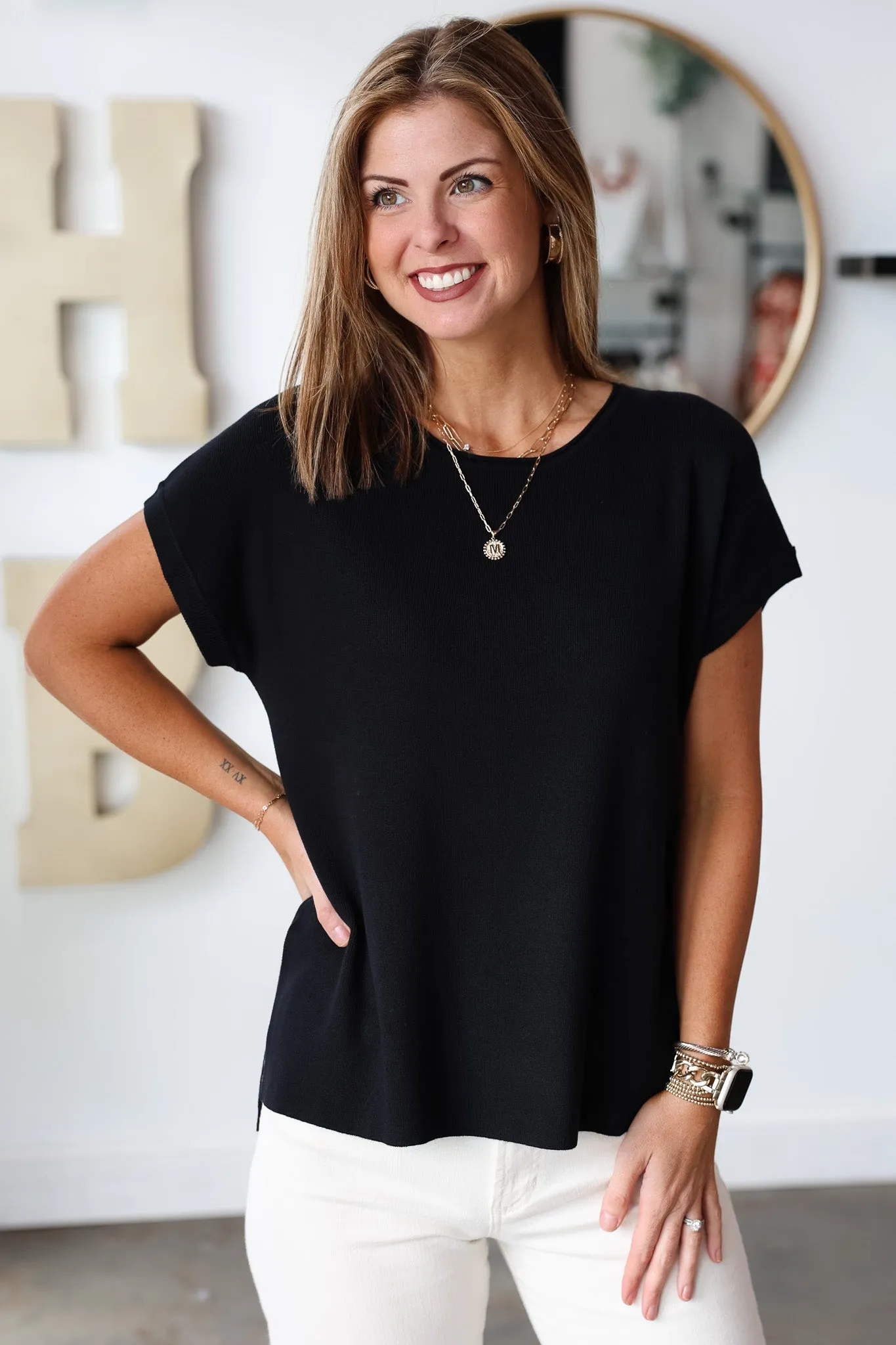Boat Neck Knit Top - Black