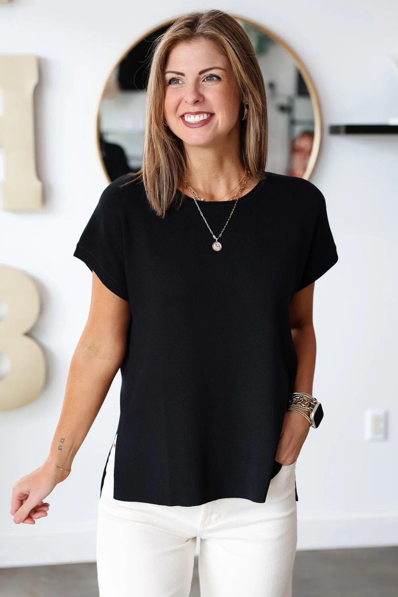 Boat Neck Knit Top - Black