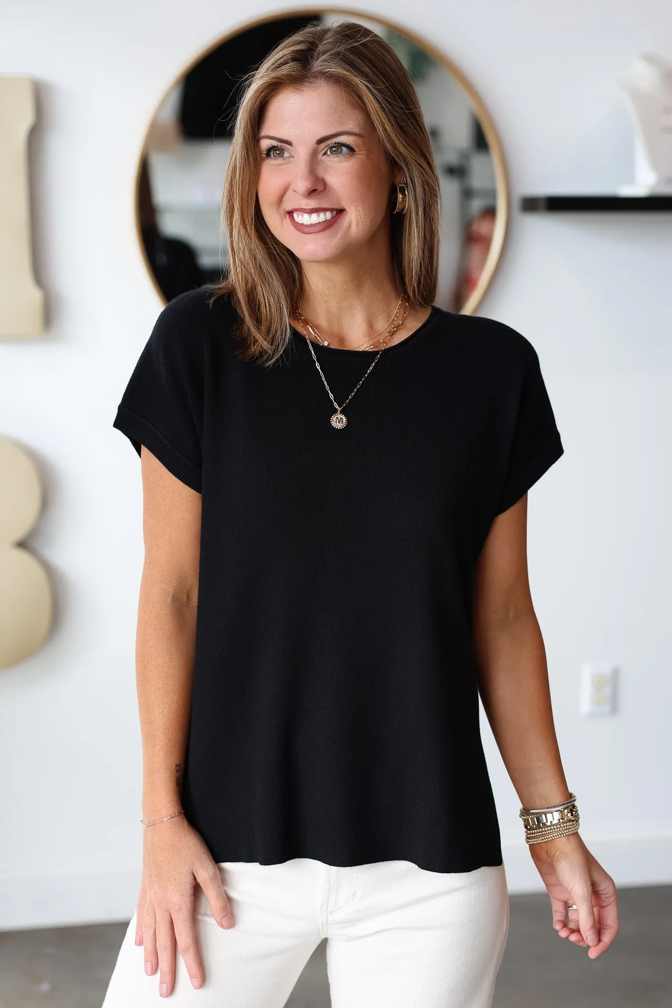 Boat Neck Knit Top - Black