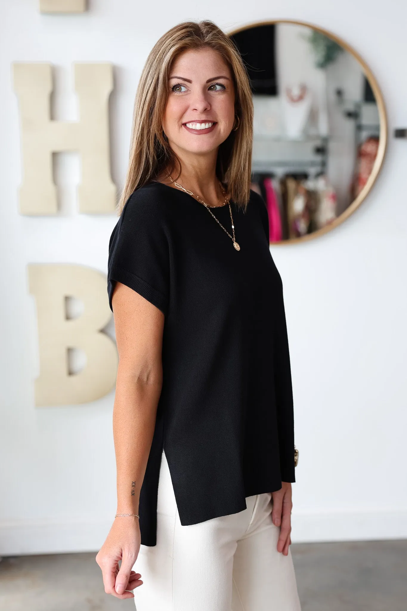 Boat Neck Knit Top - Black