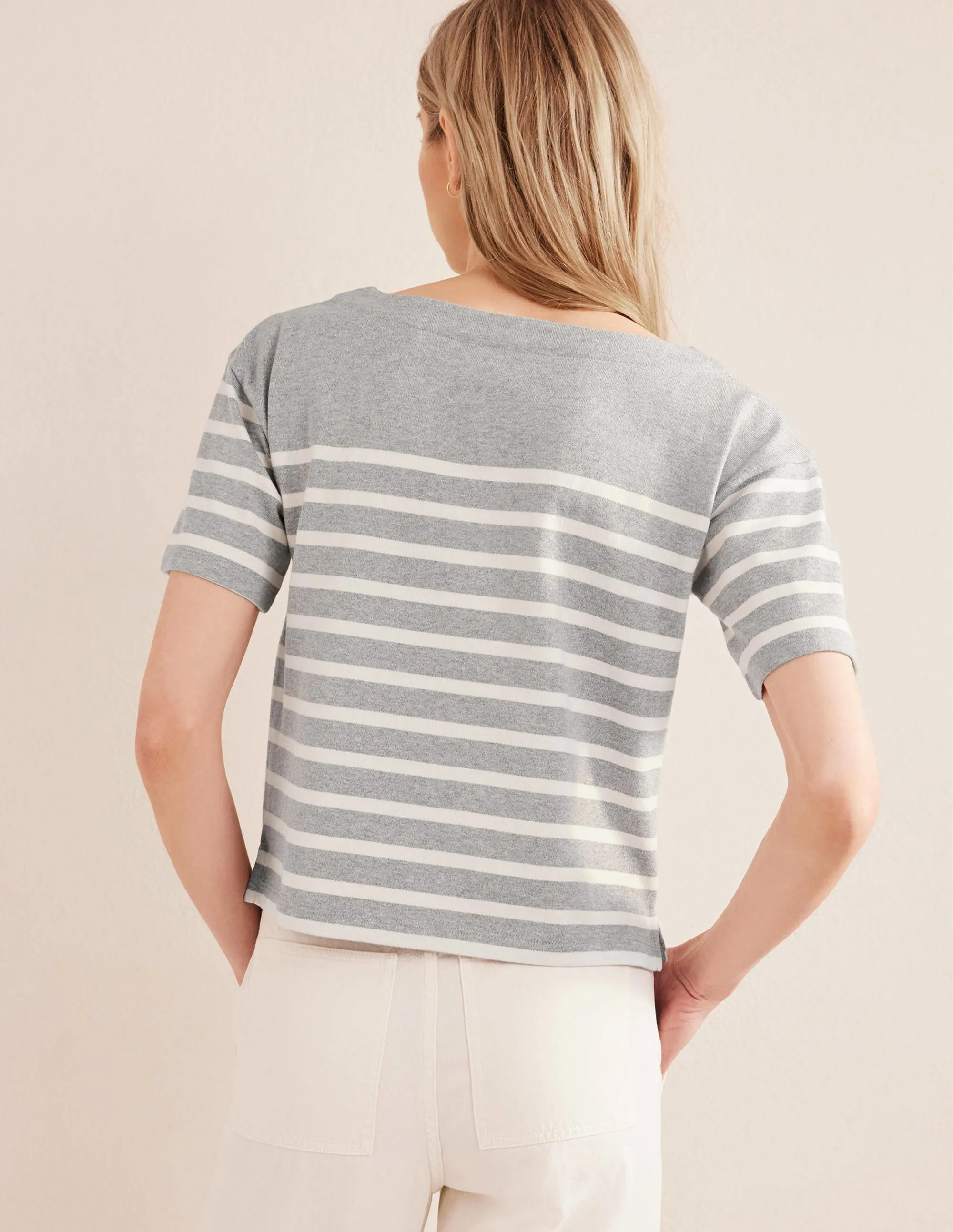 Boat Neck Striped T-Shirt-Grey Marl/ Ivory Stripe