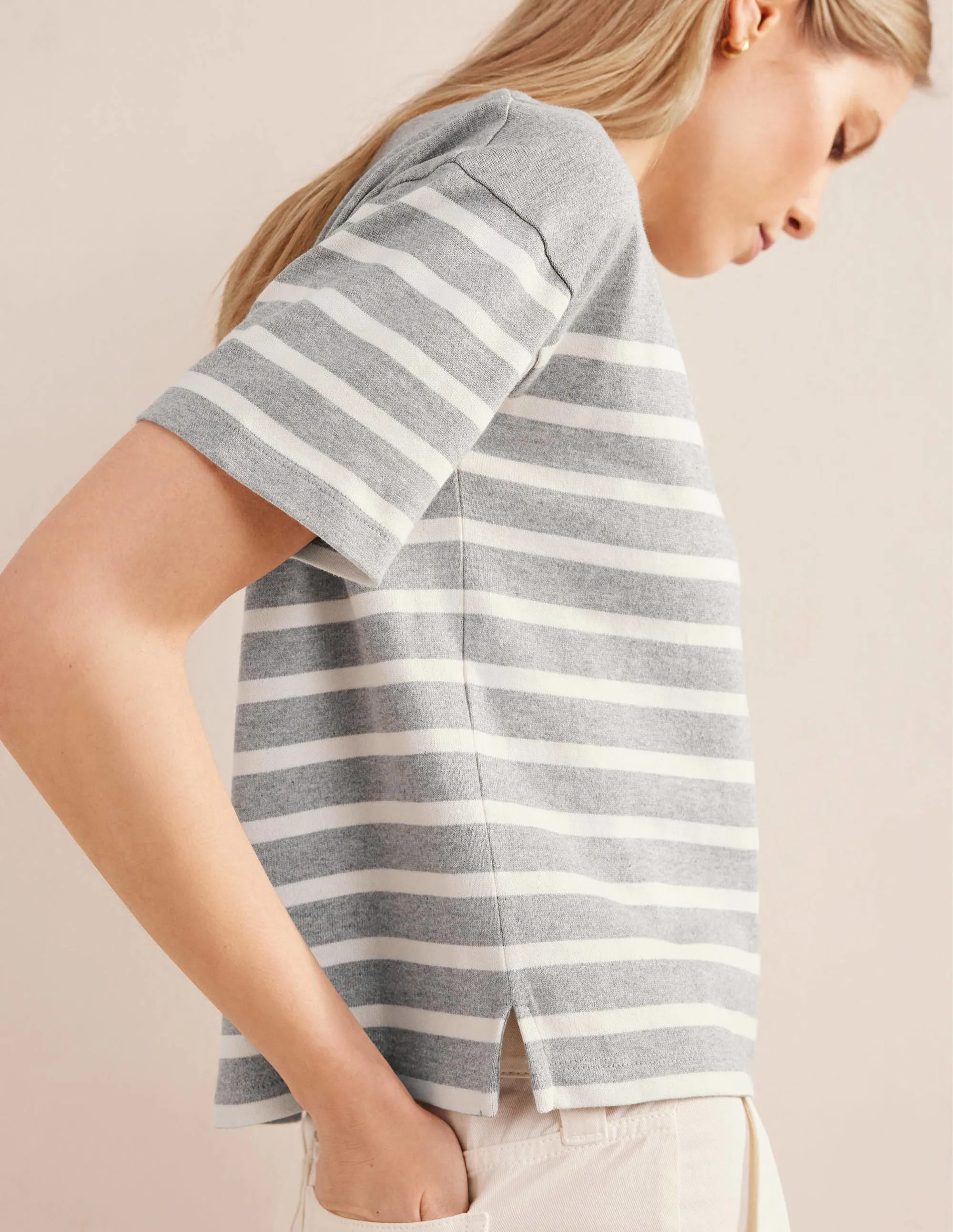 Boat Neck Striped T-Shirt-Grey Marl/ Ivory Stripe