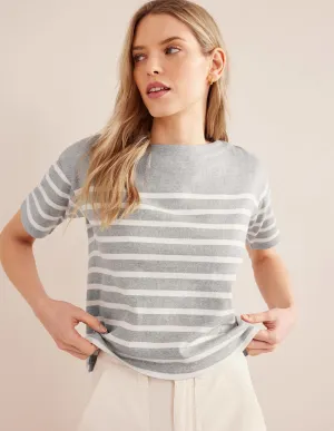 Boat Neck Striped T-Shirt-Grey Marl/ Ivory Stripe