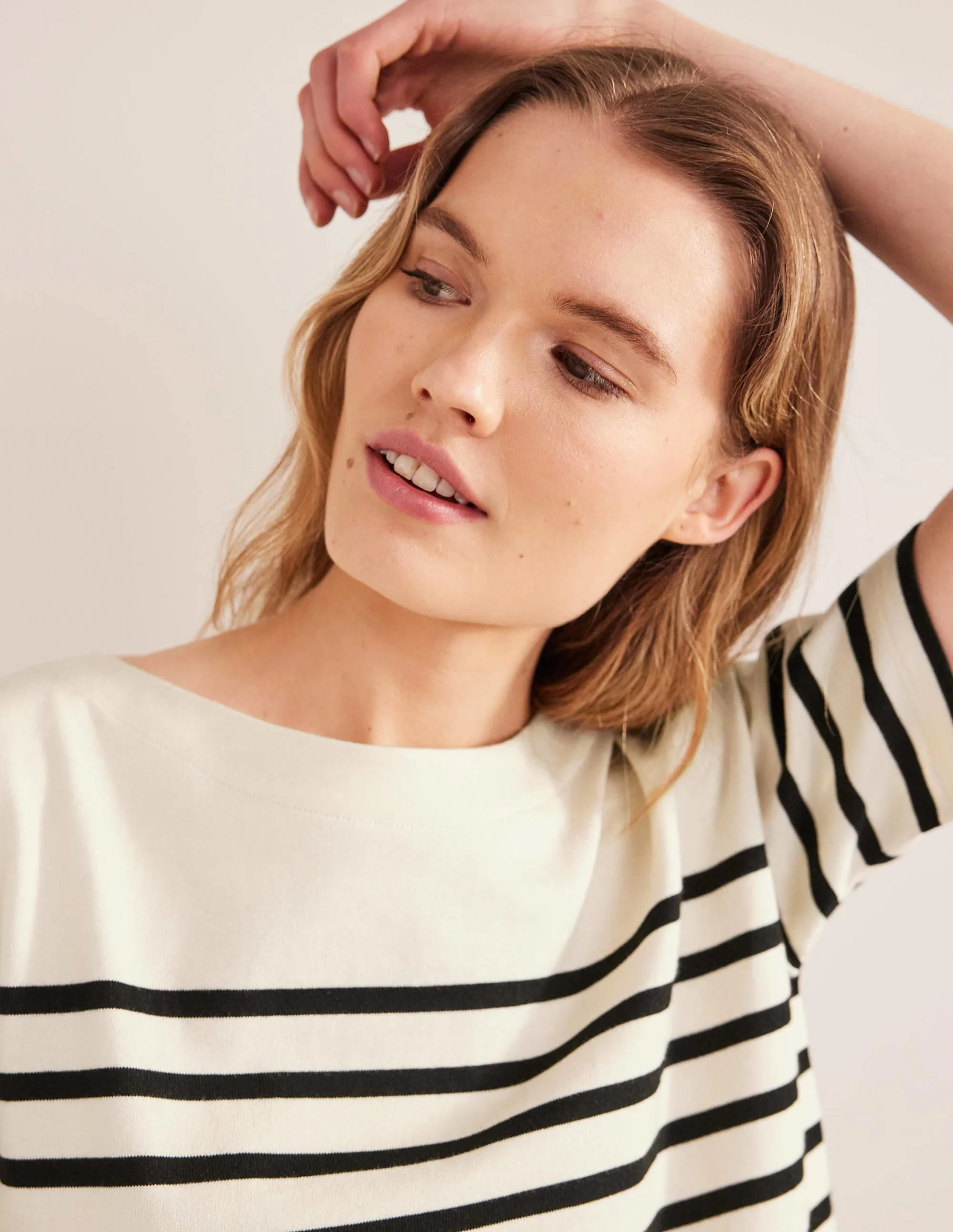 Boat Neck Striped T-Shirt-Ivory/Black Stripe