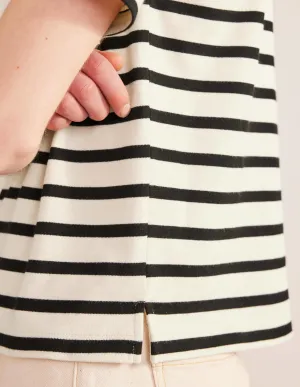 Boat Neck Striped T-Shirt-Ivory/Black Stripe