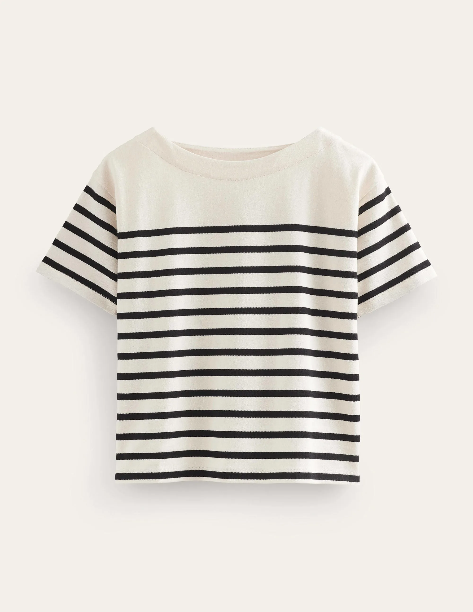Boat Neck Striped T-Shirt-Ivory/Black Stripe