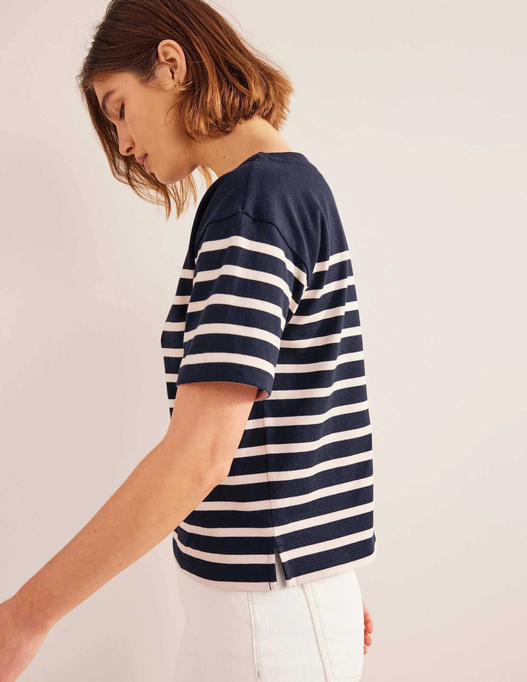 Boat Neck Striped T-Shirt-Navy/Ivory Stripe