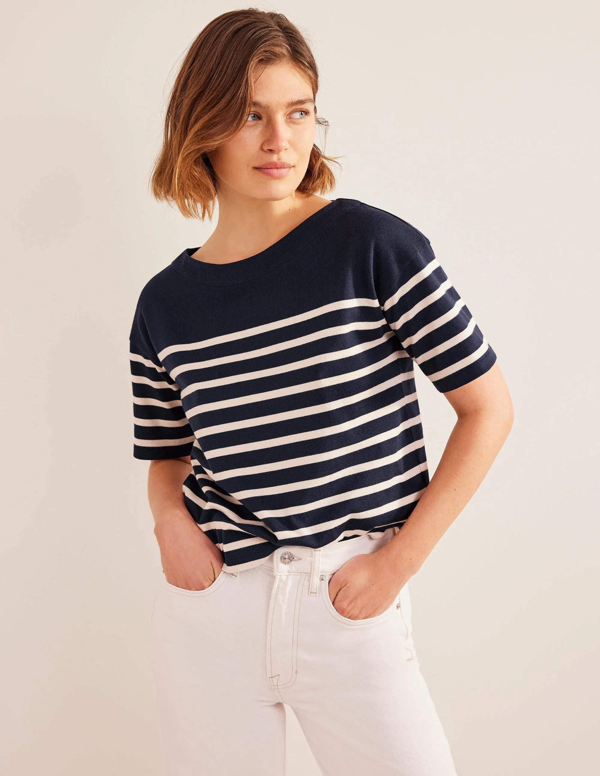 Boat Neck Striped T-Shirt-Navy/Ivory Stripe