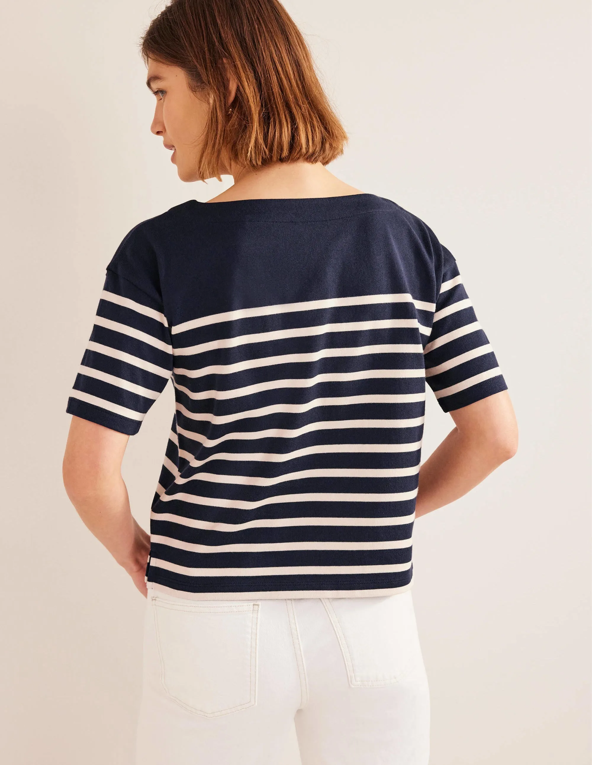 Boat Neck Striped T-Shirt-Navy/Ivory Stripe