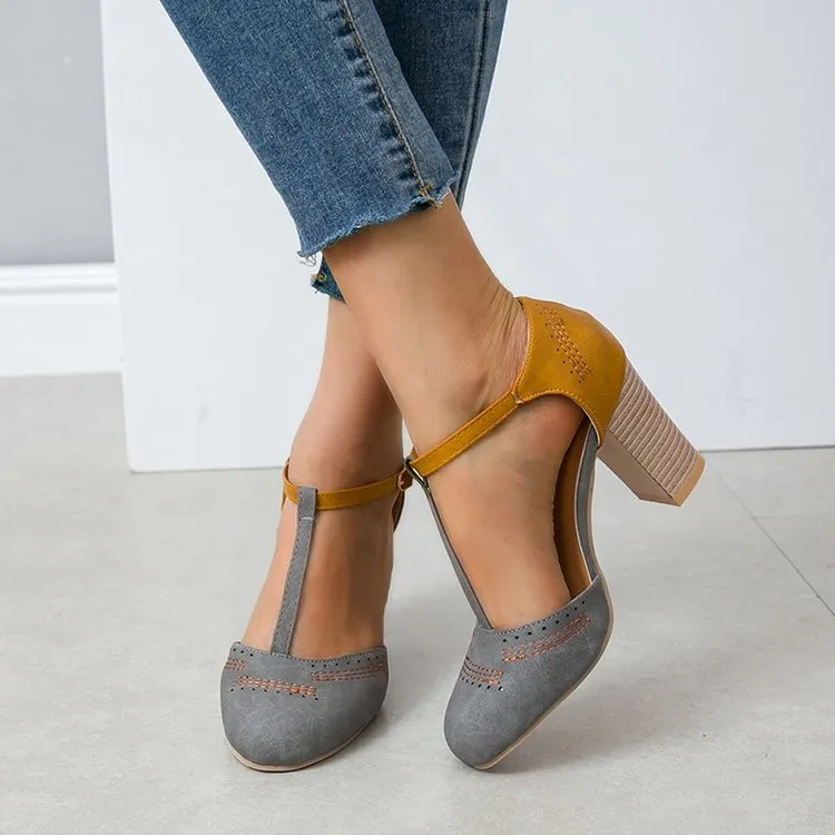 Comelyy Retro round toe color block T buckle women's shoes