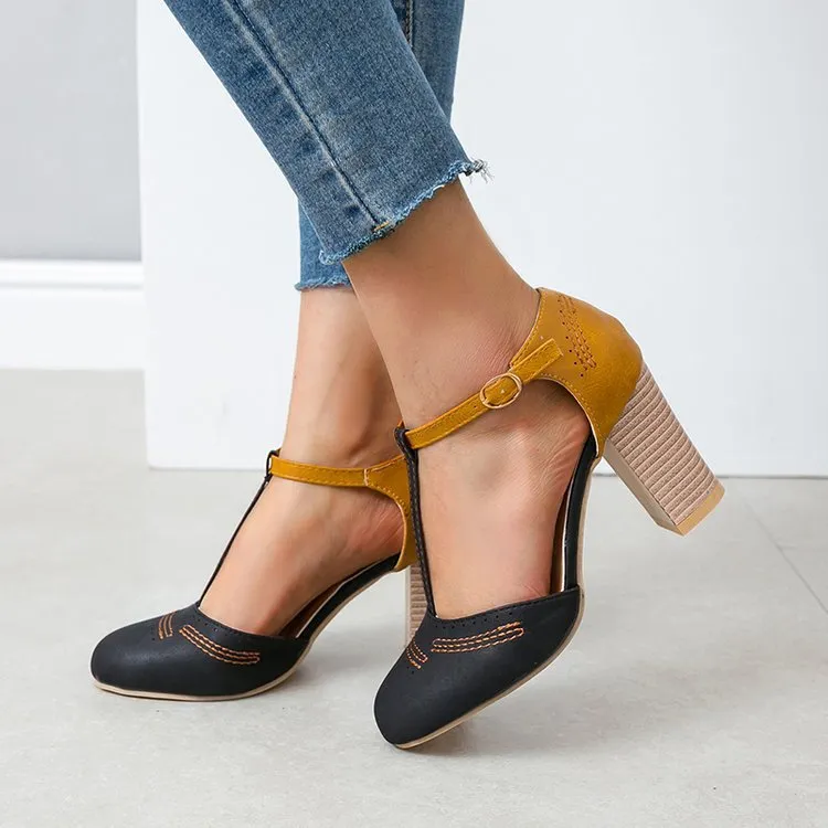 Comelyy Retro round toe color block T buckle women's shoes