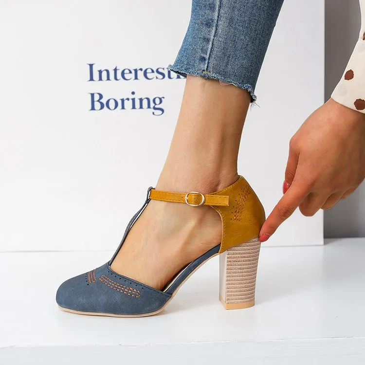 Comelyy Retro round toe color block T buckle women's shoes
