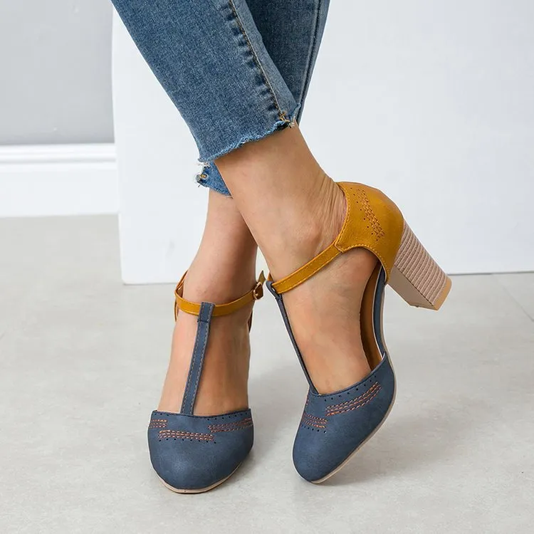 Comelyy Retro round toe color block T buckle women's shoes