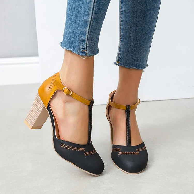 Comelyy Retro round toe color block T buckle women's shoes