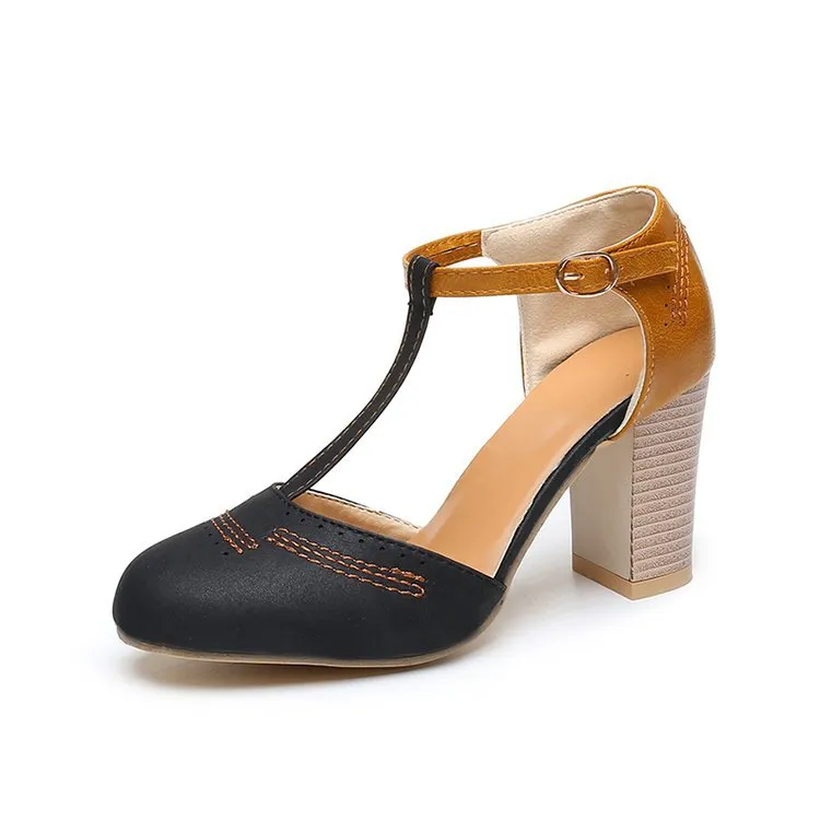 Comelyy Retro round toe color block T buckle women's shoes