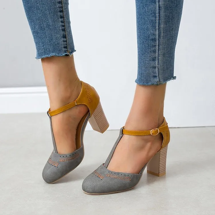 Comelyy Retro round toe color block T buckle women's shoes