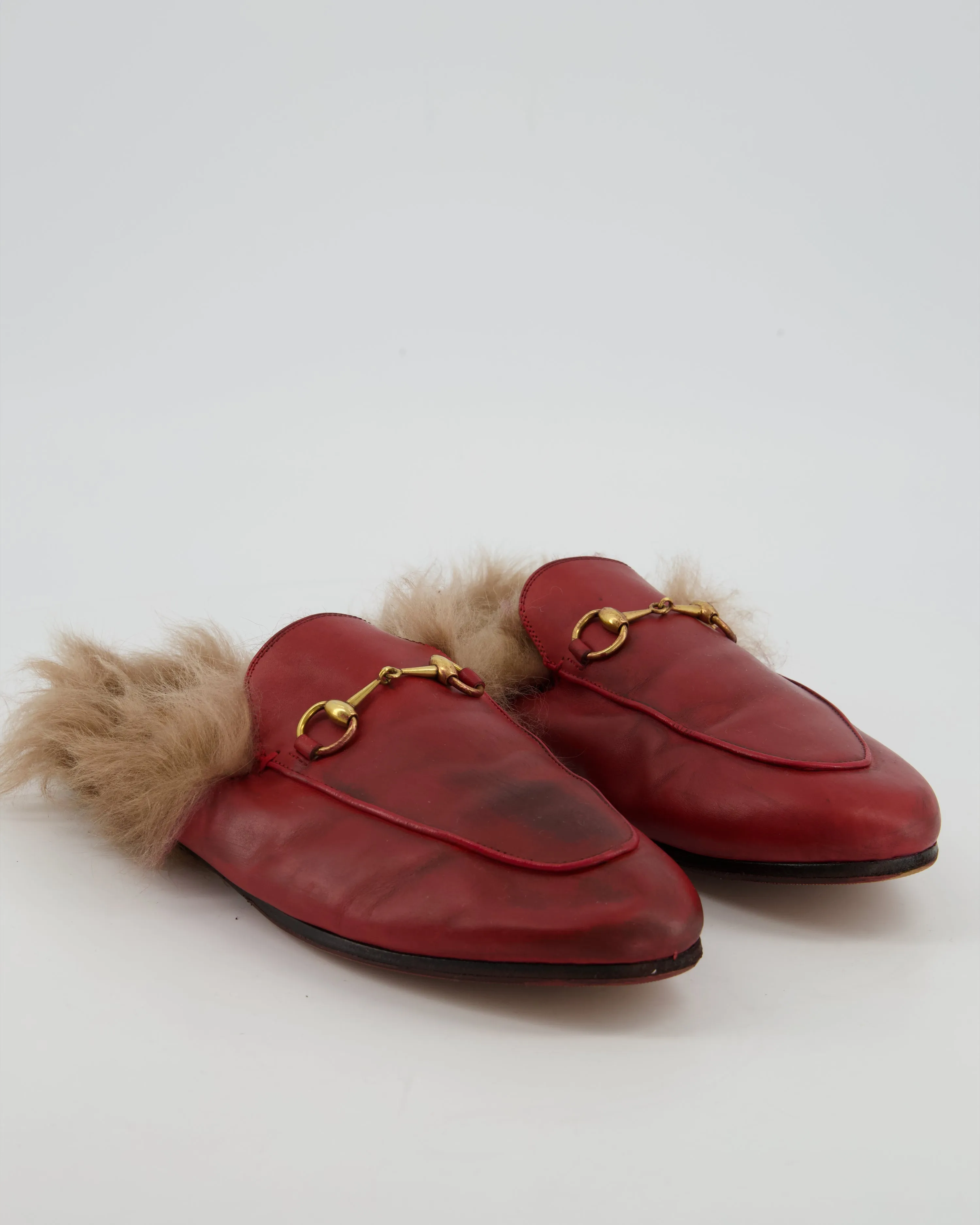 *FIRE PRICE* Gucci Burgundy Princetown Horsebit Shearling-Lined Leather Backless Loafers Size EU 39