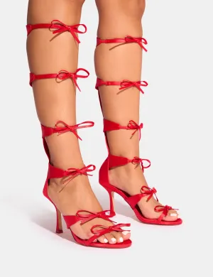 Gaya Red High Leg Bow Detail Mid Heels