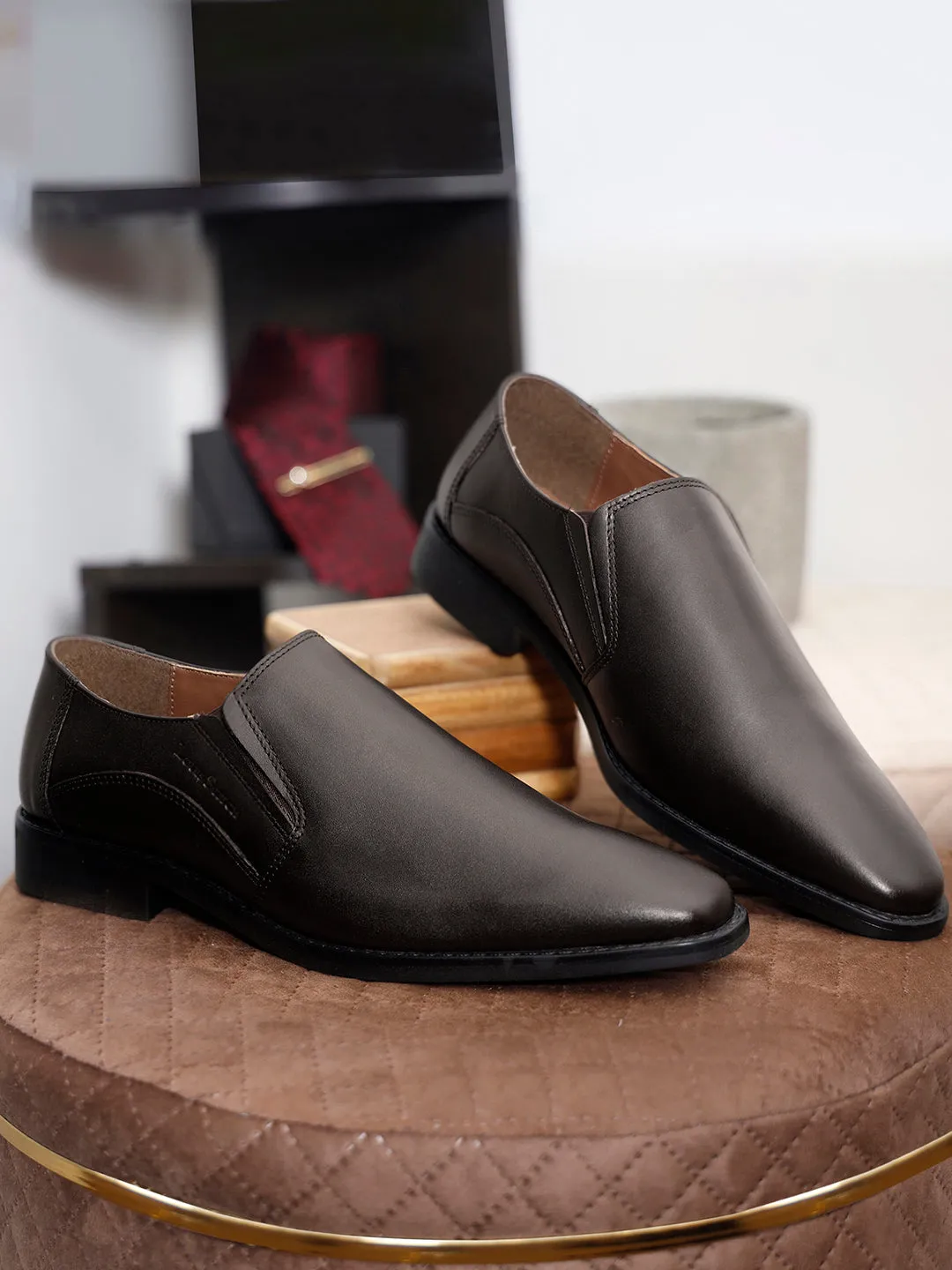 Handmade Italian Leather Formal Slipons Brunette Brown Shoes for Men