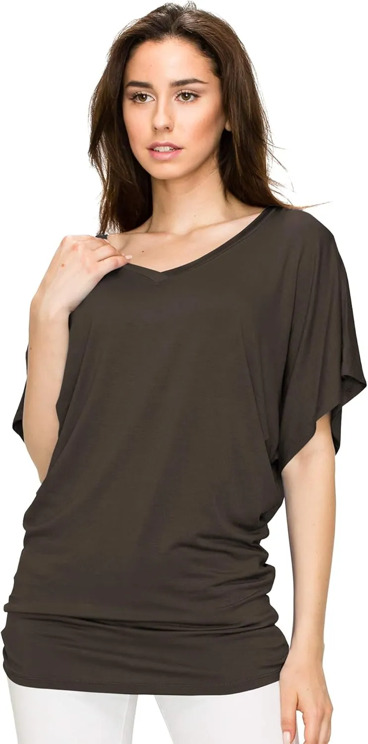Lock and Love Women's Versatile Casual Short Sleeve Dolman Top – Loose Fit Boat Neck & V-Neck T-Shirt