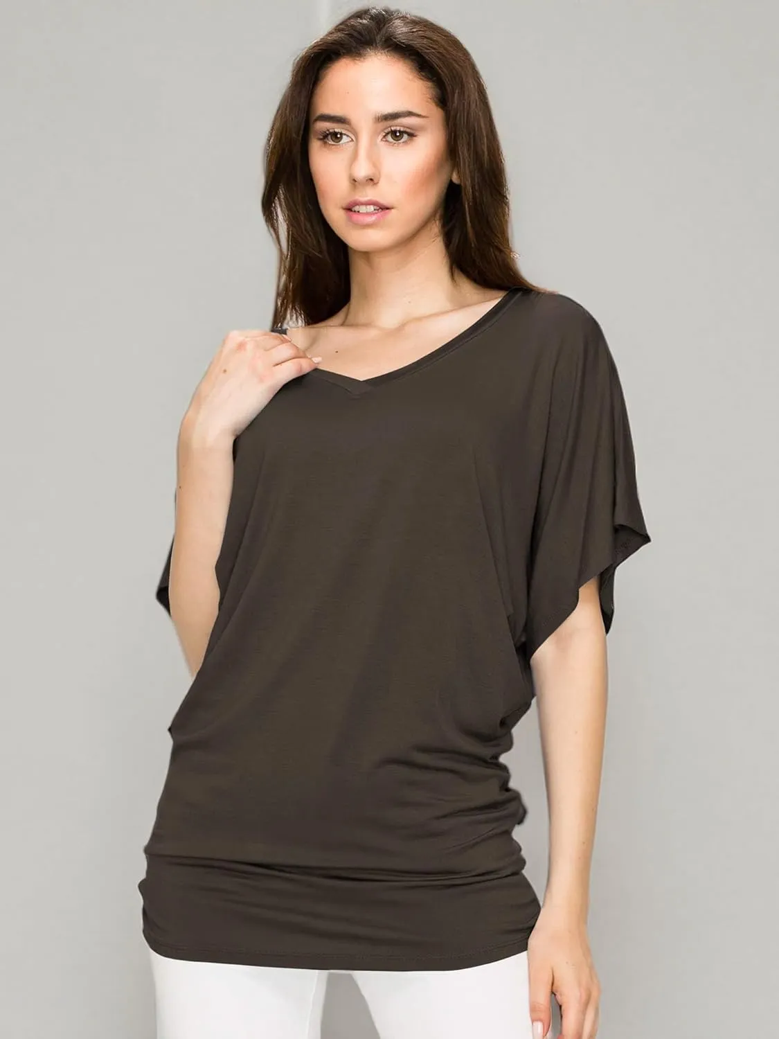 Lock and Love Women's Versatile Casual Short Sleeve Dolman Top – Loose Fit Boat Neck & V-Neck T-Shirt