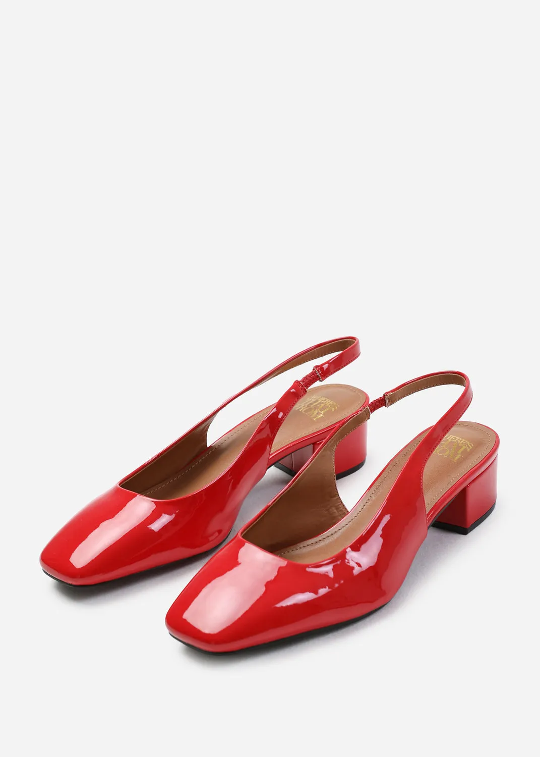 MICHIGAN WIDE FIT SQUARE TOE SLING BACK LOW BLOCK HEELS IN RED PATENT
