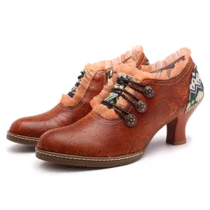 Retro Classic Buckle Printing Splicing Mid Heel Leather Pumps