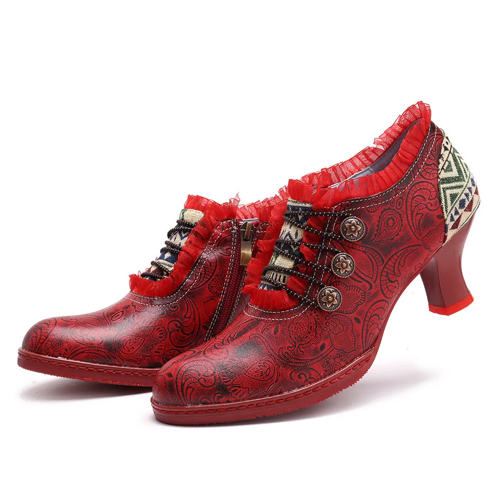 Retro Classic Buckle Printing Splicing Mid Heel Leather Pumps