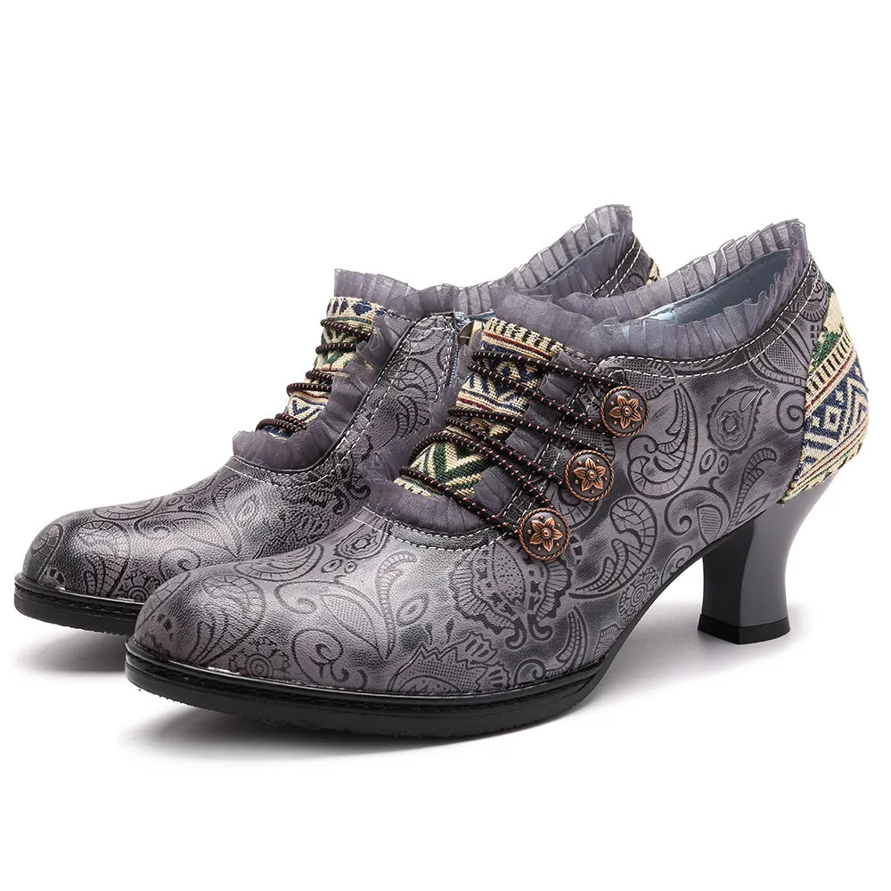 Retro Classic Buckle Printing Splicing Mid Heel Leather Pumps