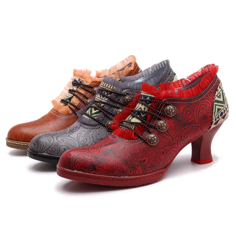 Retro Classic Buckle Printing Splicing Mid Heel Leather Pumps