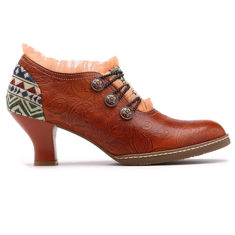 Retro Classic Buckle Printing Splicing Mid Heel Leather Pumps