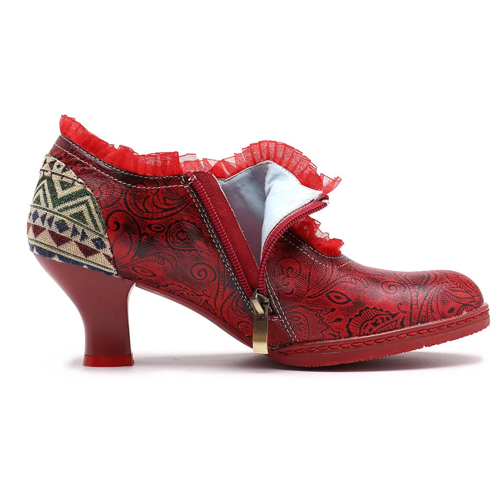 Retro Classic Buckle Printing Splicing Mid Heel Leather Pumps