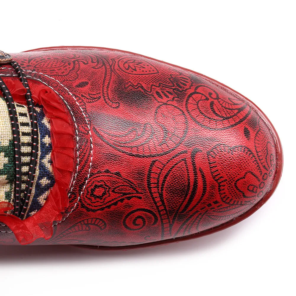 Retro Classic Buckle Printing Splicing Mid Heel Leather Pumps