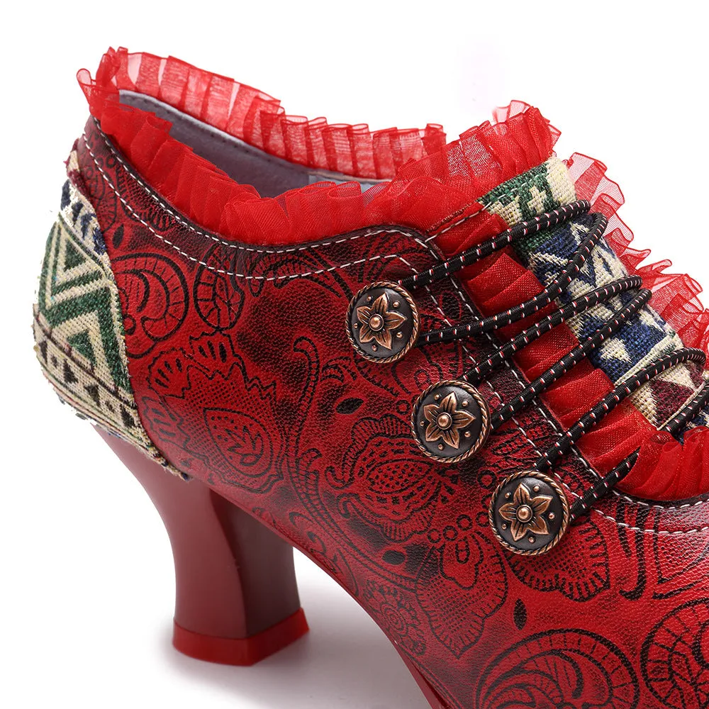 Retro Classic Buckle Printing Splicing Mid Heel Leather Pumps