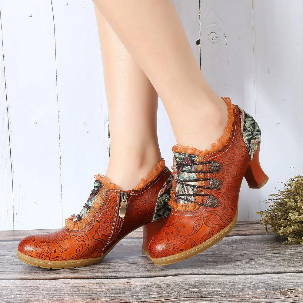 Retro Classic Buckle Printing Splicing Mid Heel Leather Pumps