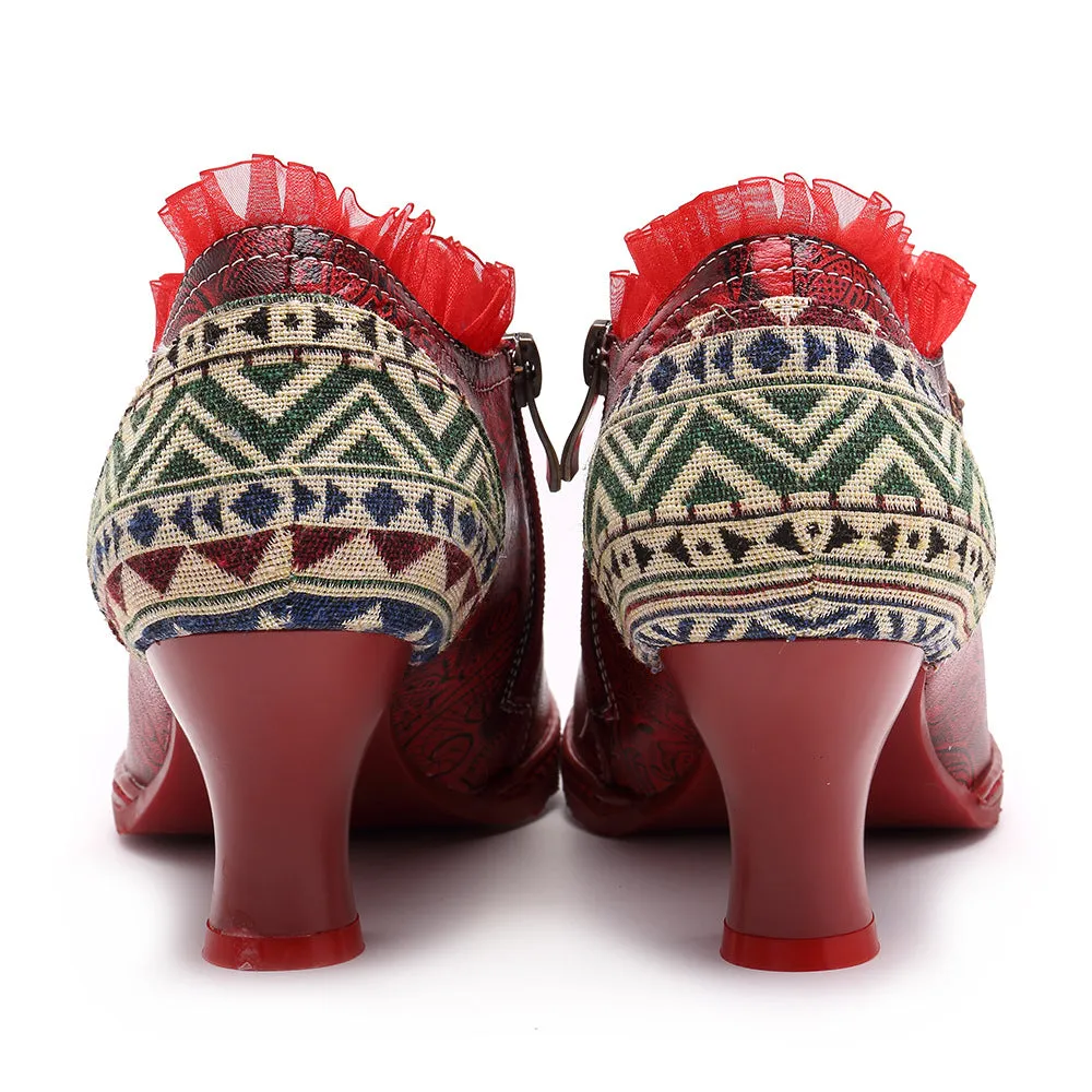 Retro Classic Buckle Printing Splicing Mid Heel Leather Pumps