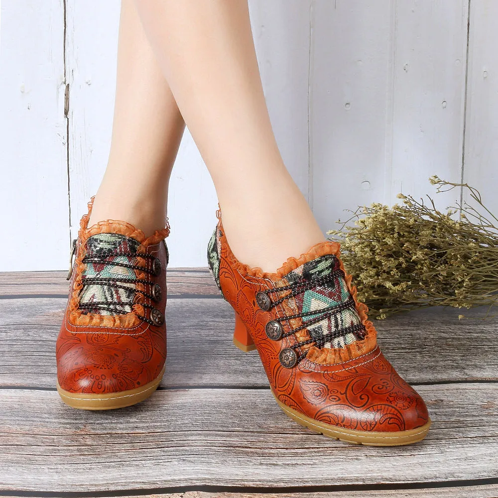 Retro Classic Buckle Printing Splicing Mid Heel Leather Pumps
