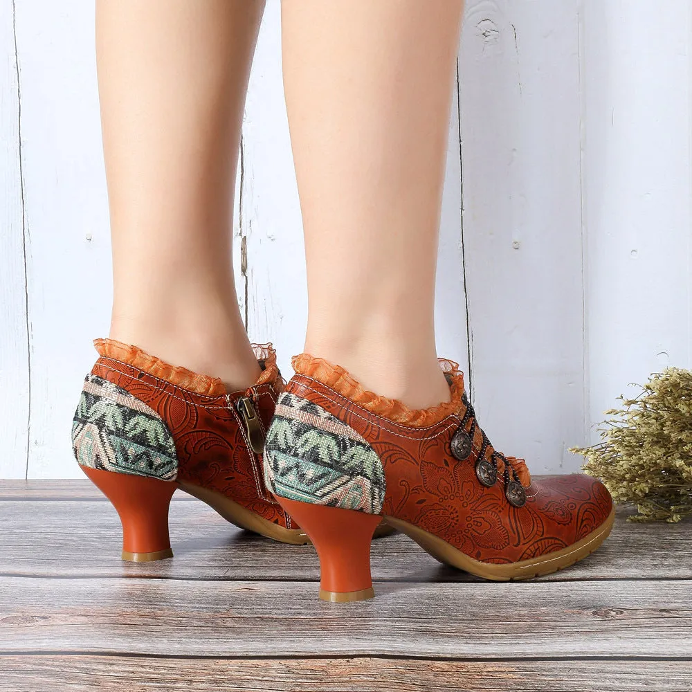 Retro Classic Buckle Printing Splicing Mid Heel Leather Pumps