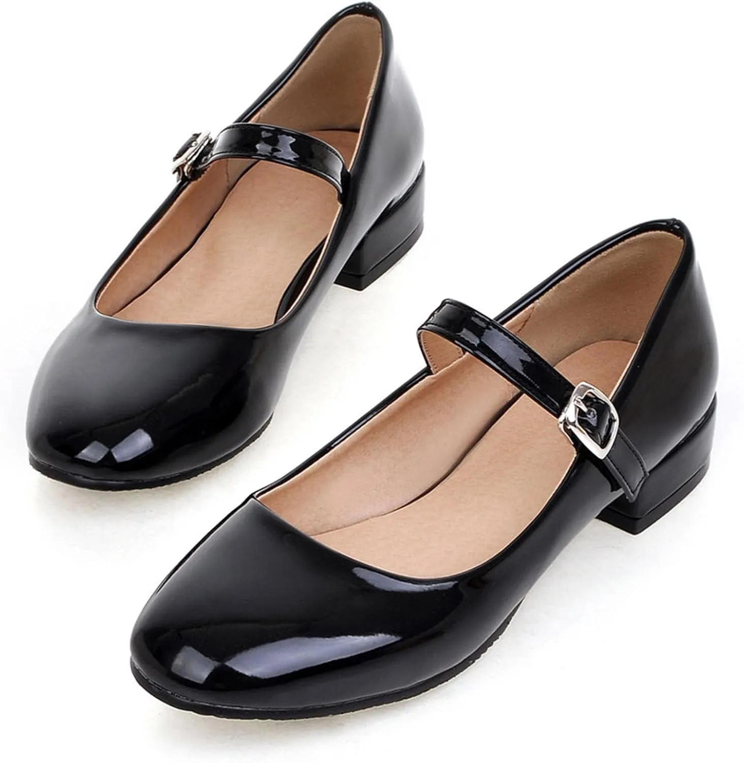 Round Toe Ankle Strap Mary Janes Flats Patent Leather Low Heels Pumps School Uniform Dress Shoes