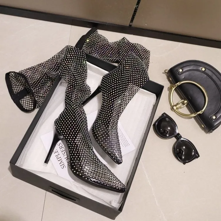 Sexy Black Mesh High Heel Boots
