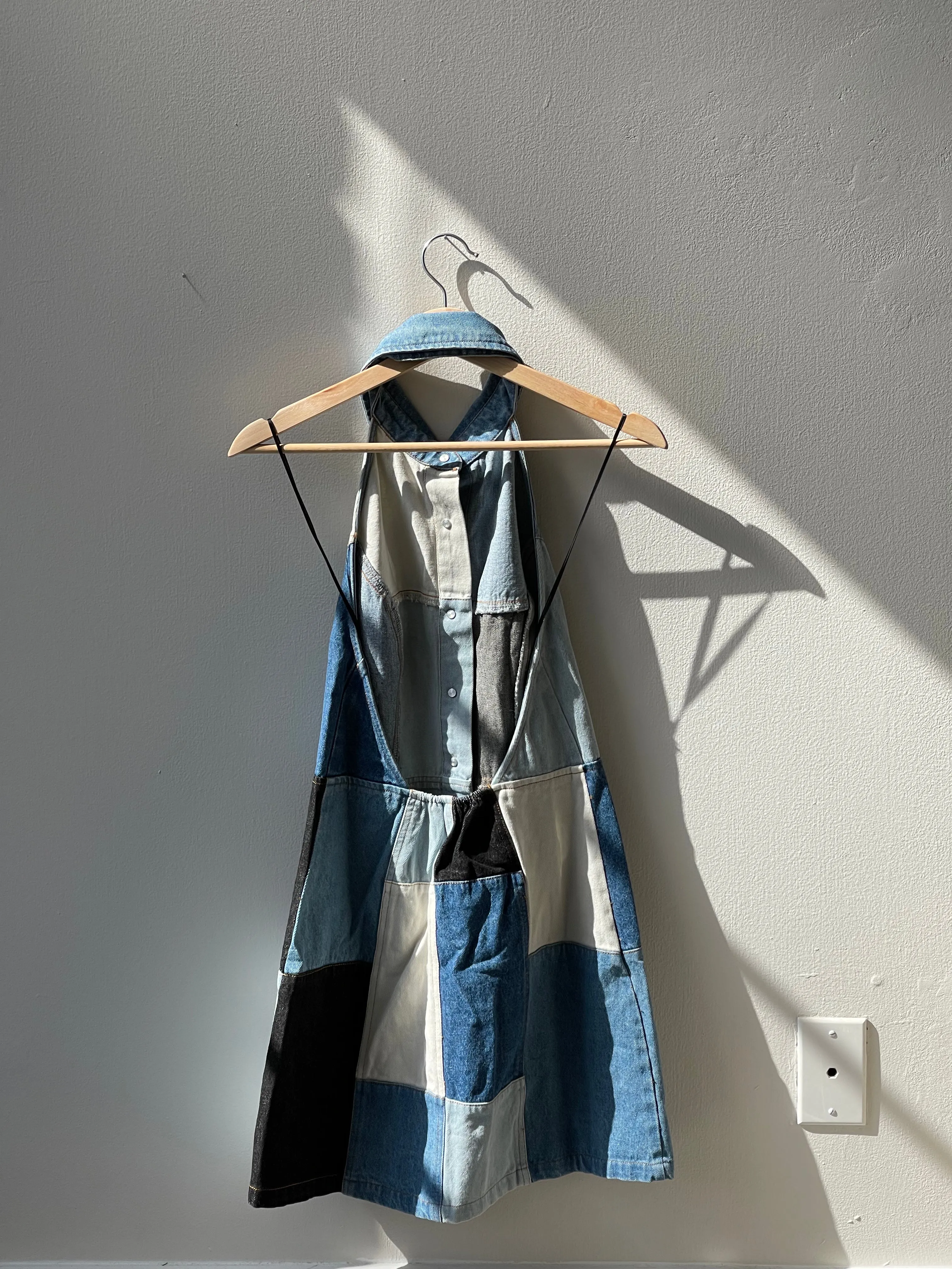 Susan 70s Styla Button Down Halter Patch Work Denim Mini Dress