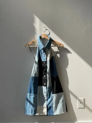 Susan 70s Styla Button Down Halter Patch Work Denim Mini Dress