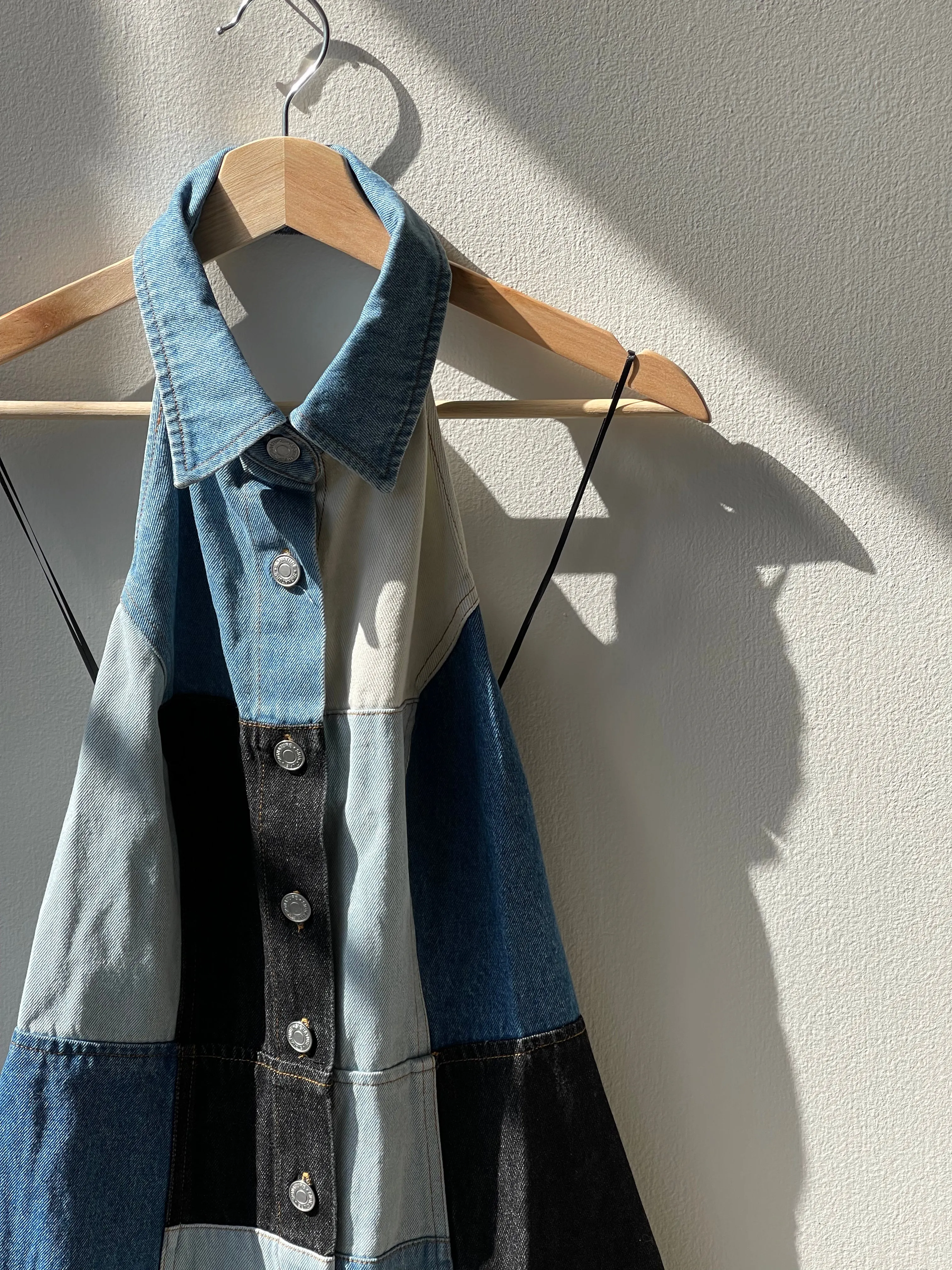 Susan 70s Styla Button Down Halter Patch Work Denim Mini Dress