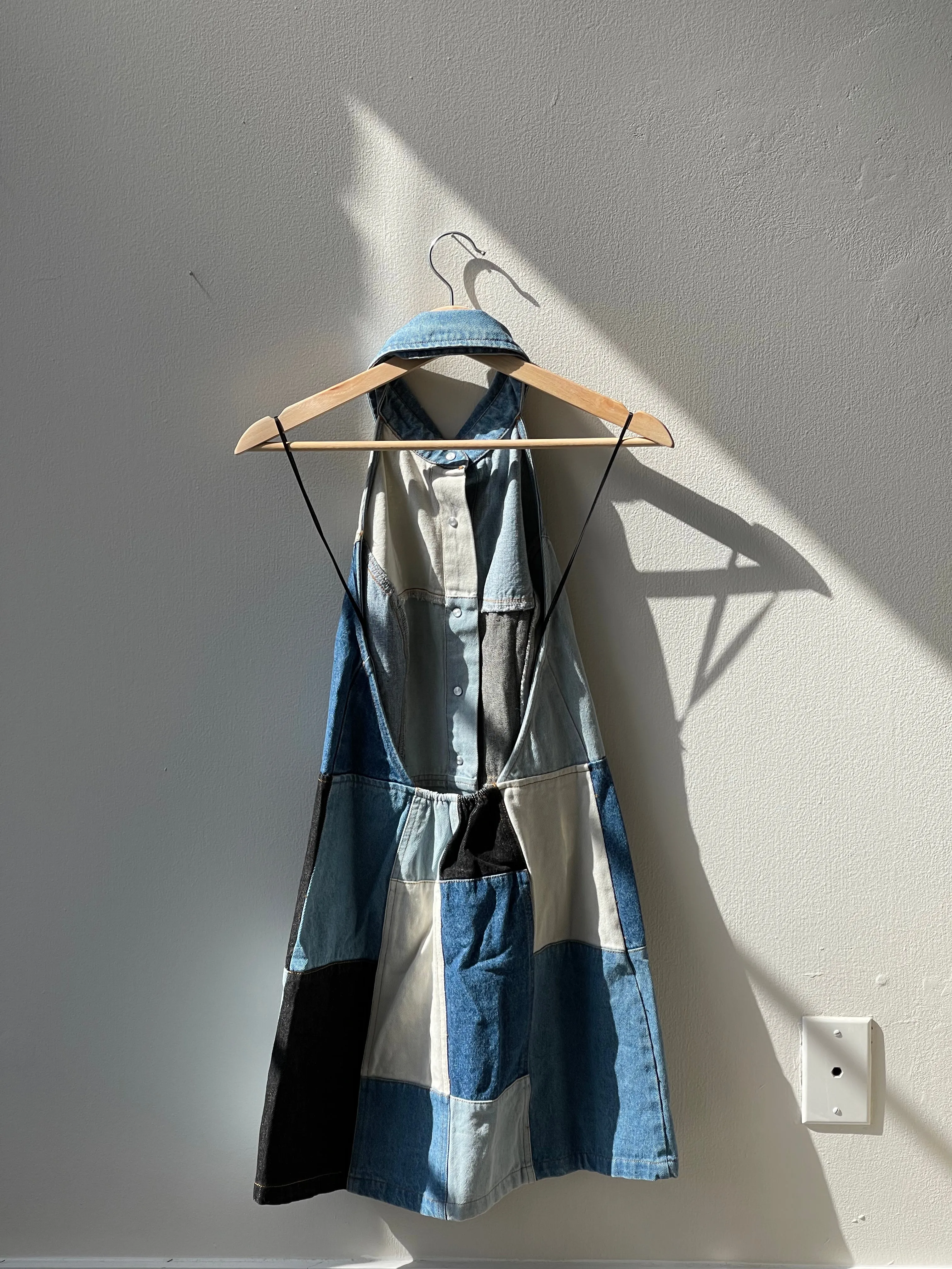 Susan 70s Styla Button Down Halter Patch Work Denim Mini Dress