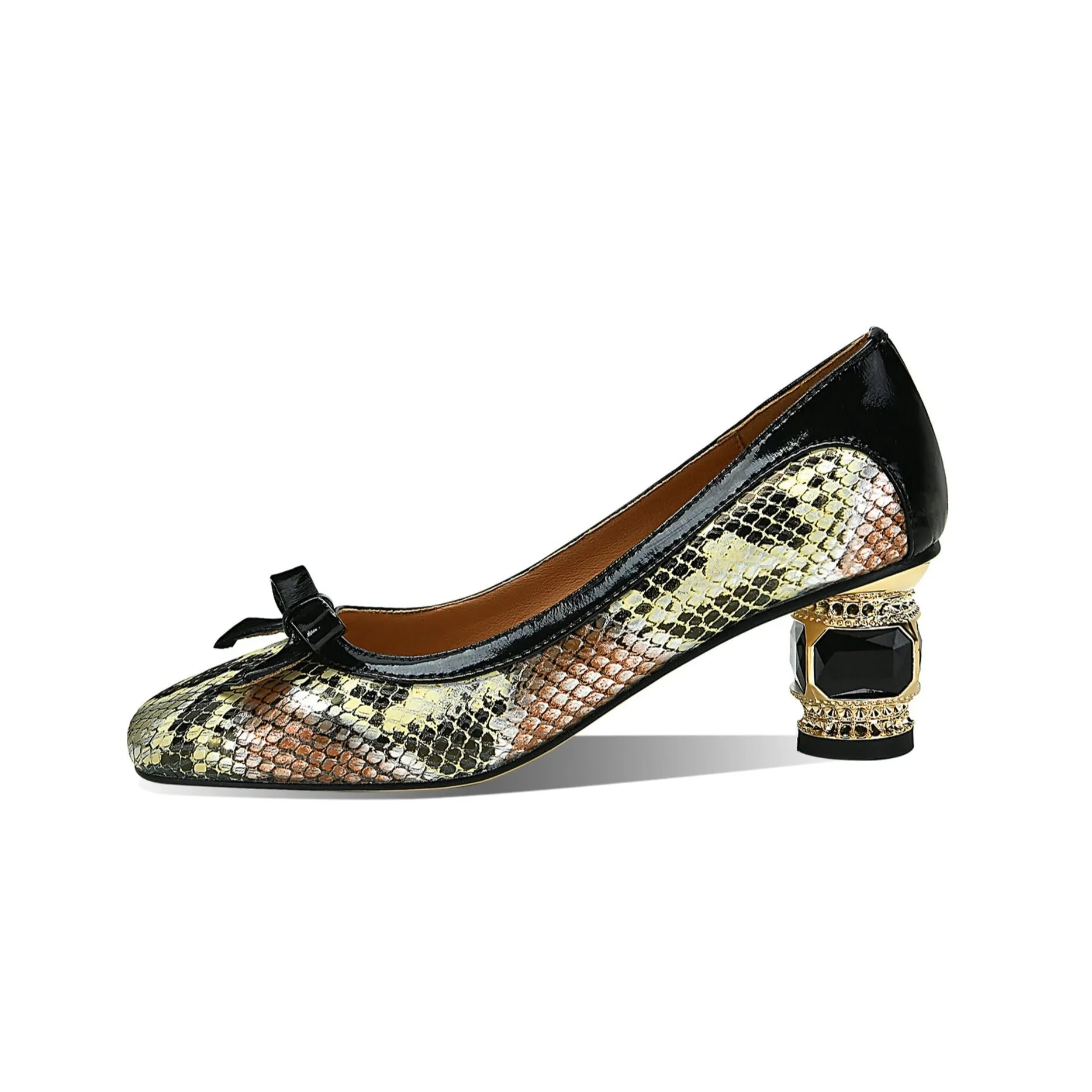TinaCus Handmade Women's Genuine Leather Snakeskin Assorted Color Slip On Square Toe Mid Cone Heel Pumps Shoes