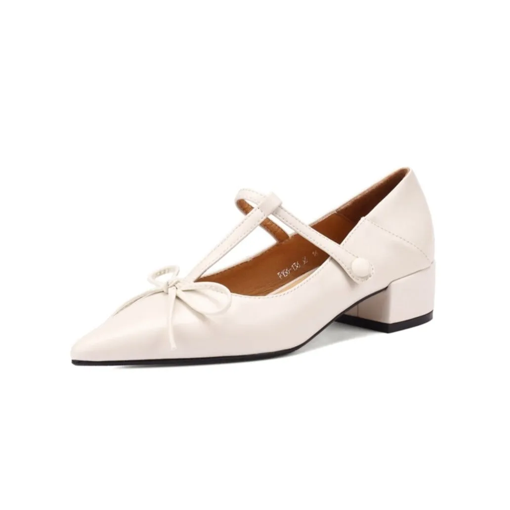 TinaCus Women's Genuine Leather Pointed Toe Handmade Bowtie Cute Mary Jane Shoes with Low Chunky Heels